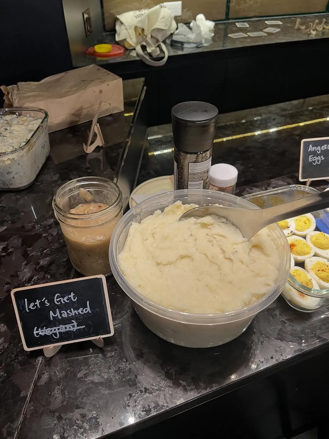 Mashed potatoes with the Let’s Get Mashed name card