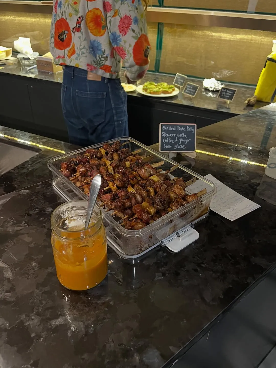 Pork belly skewers with the glaze jar